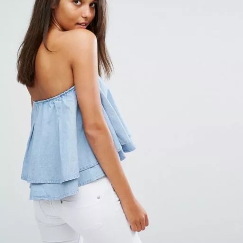 - DARLING DENIM STRAPLESS RUFFEL TOP NWT - Picture 2 of 2